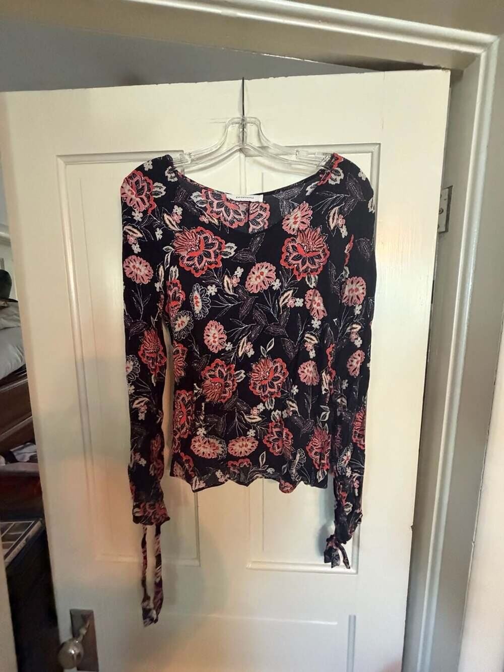 Promod Women's Floral Print Long Sleeve Tie-Sleeve Blouse